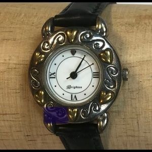 Brighton Santa Monica women’s watch silver tone Gold black leather strap # F